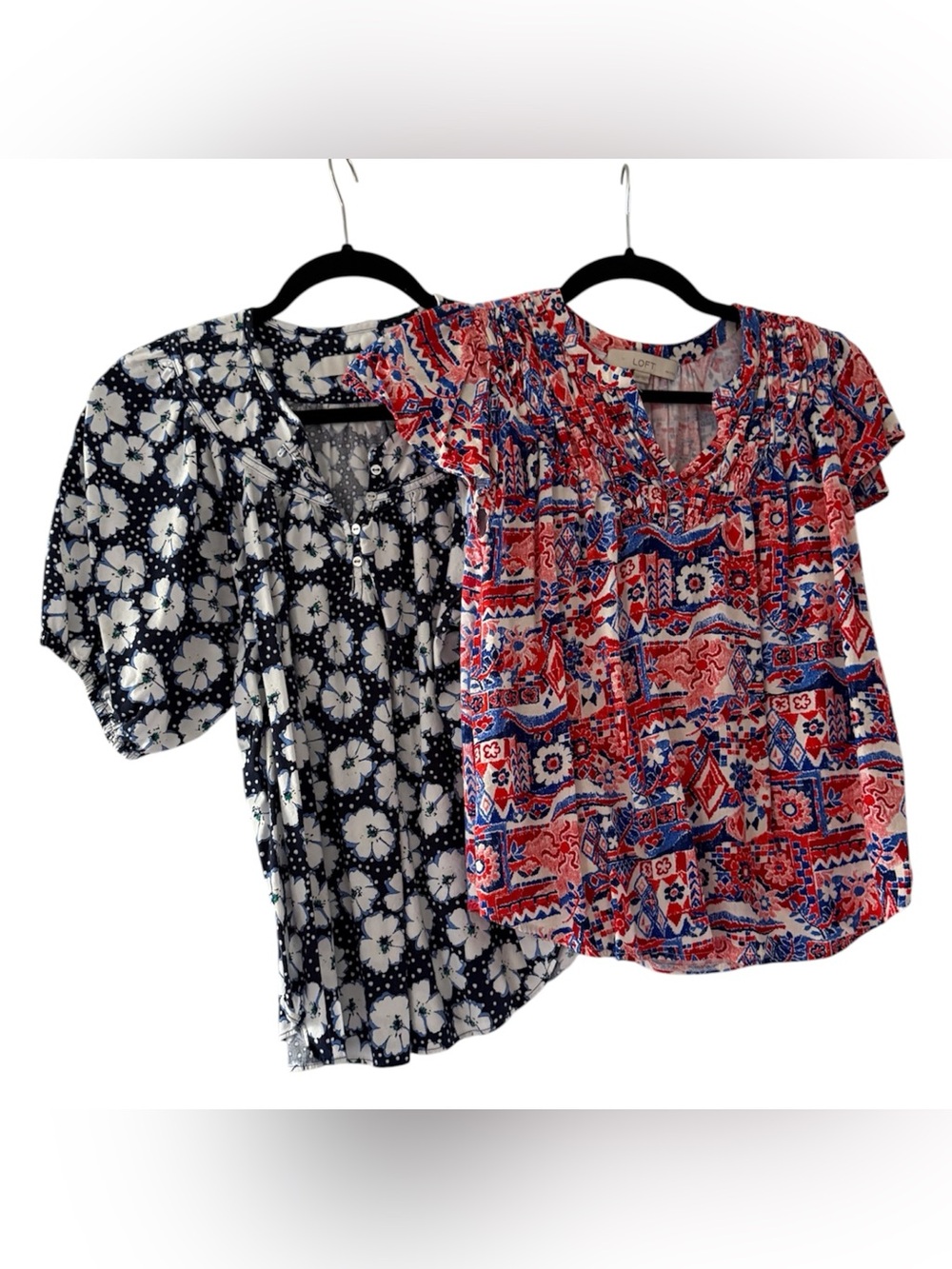 ❌Sold❌ 2 LOFT Tops (XS & SP): Navy White Floral & Red Blue White Geo Print